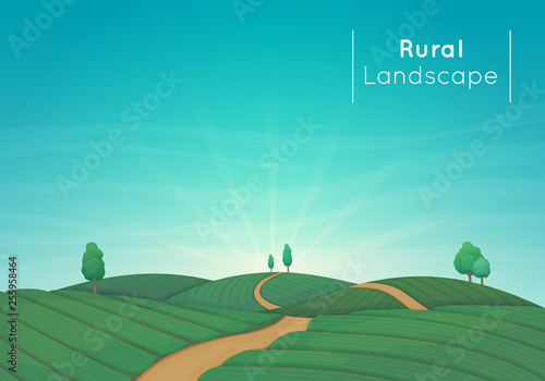 Rural farming landscape vector illustration. Green agricultural fields with trees and a dirt road. Blue sky with clouds and sunbeams in the background.