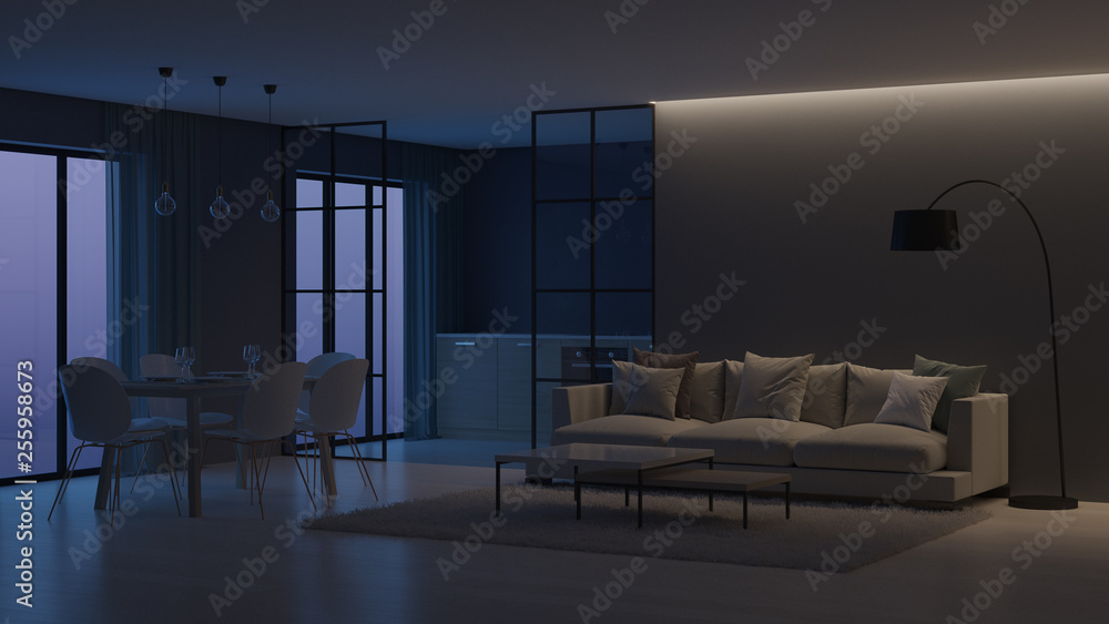 Modern house interior. Kitchen behind glass partitions. Night. Evening lighting. 3D rendering. Modern house interior. Kitchen behind glass partitions. Night. Evening lighting. 3D rendering.