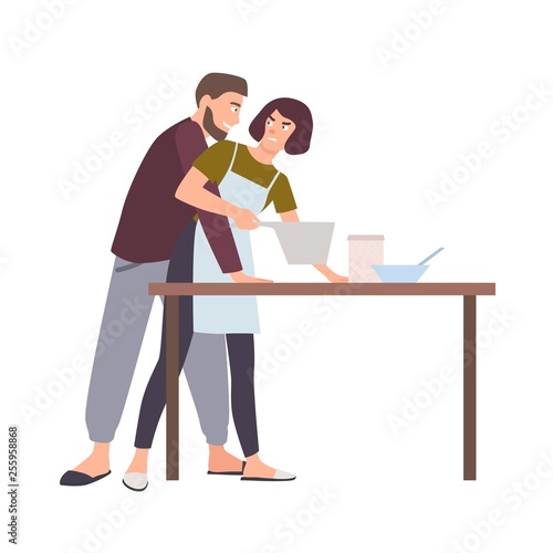 Husband groping wife while she is cooking. Abusive behavior of spouse or partner, domestic violence, sexual abuse or assault at home. Family problem. Vector illustration in flat cartoon style.