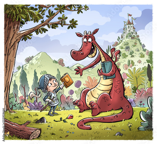 Fotografie dragon y principe con libros y castillo