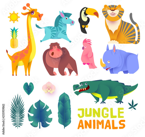 Fototapeta Naklejka Na Ścianę i Meble -  Cute Jungle Animals Set. Exptic Wild Collection.