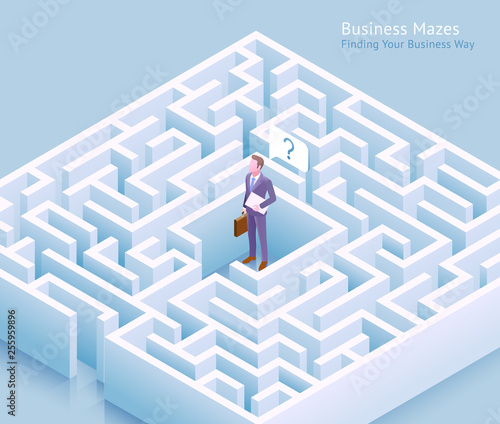 Business maze conceptual design. Businessman standing at labyrinth and thinking of finding a way out vector illustration.