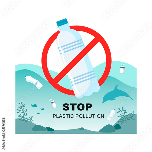 Stop plastic pollution. Plastic bottle with a sign of the plaid on the background of a sea of clogged bottles. Vector symbol