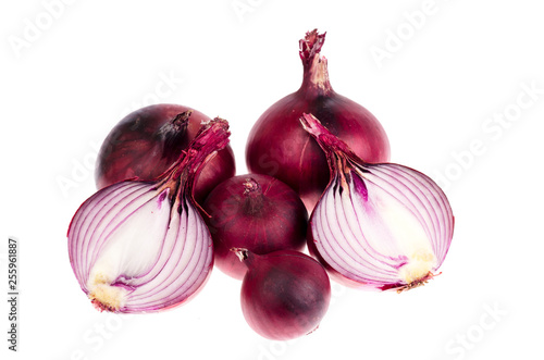 Ripe whole and chopped red onion.