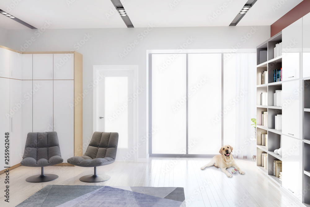 Fototapeta premium Modern bright living room, interior with chairs, dog and bookshelf