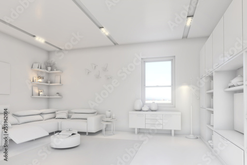 Modern white bright interior with sofa,chairs and lamp