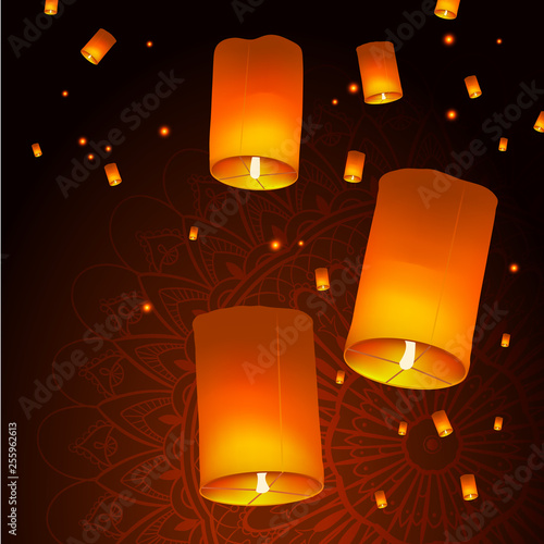 Happy Diwali Holiday background with sky lanterns floating over mandala, Indian Festival of Lights celebration concept, Creative vector illustration.