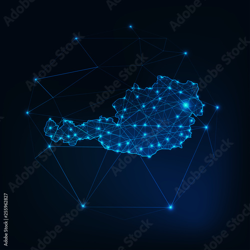 Austria map glowing silhouette outline made of stars lines dots triangles, low polygonal shapes.