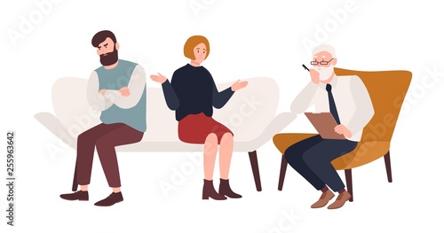 Married couple on sofa and elderly psychologist, psychoanalyst or psychotherapist sitting in front of them. Marriage crisis, family conflict, relationship problem. Flat cartoon vector illustration.