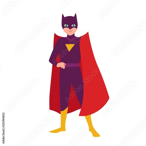 Batboy. Teenage kid in bat costume standing in heroic pose. Fantastic child hero with super power. Teen superhero wearing mask and cape. Superkid, superchild. Flat cartoon vector illustration. photo