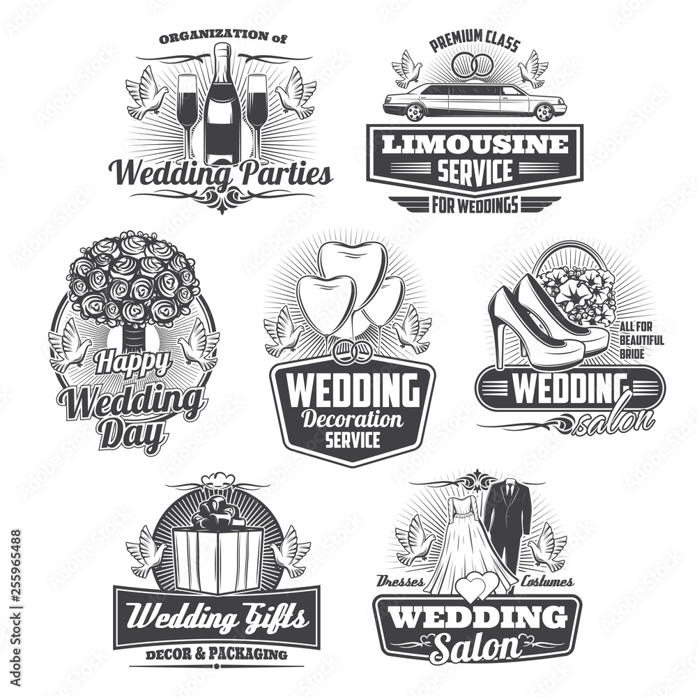 Marriage service, wedding ceremony isolated icons