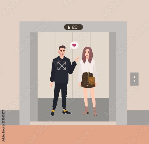 Happy boy and girl or romantic partners standing in elevator with open doors and talking to each other. Love confession inside lift stopped on floor of building. Flat cartoon vector illustration.