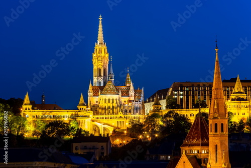 Fisherman's Bastion and Matthias Church at night, Budapest, Hungary