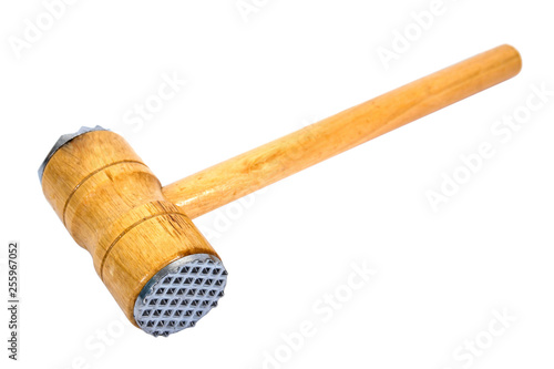 Meat mallet isolated on white background. Wood meat hammer isolated. Pork hammer
