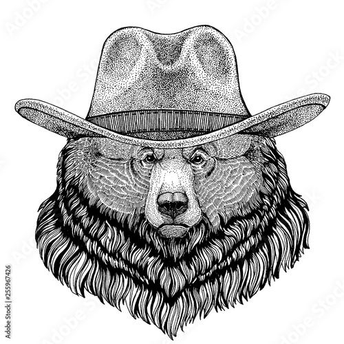 Grizzly bear Big wild bear wearing cowboy hat. Wild west animal. Hand drawn image for tattoo, emblem, badge, logo, patch, t-shirt
