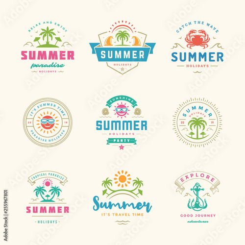 Summer holidays labels and badges retro typography design set.