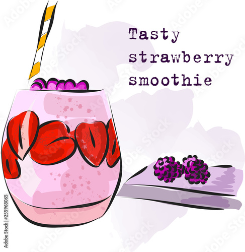 Hand drawn smoothie to go cup with strawberry illustration and lettering
