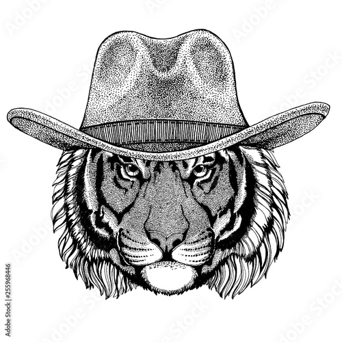 Wild tiger wearing cowboy hat. Wild west animal. Hand drawn image for tattoo, emblem, badge, logo, patch, t-shirt