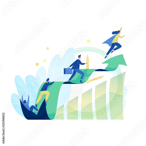 Male and female office workers, managers or clerks climbing on ascending chart. Business goal achievement, career ladder progress and advancement, professional competition. Flat vector illustration.