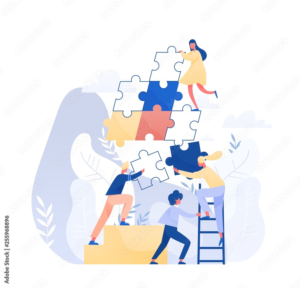 Group of tiny office workers or employees assembling together giant jigsaw puzzle pieces. Concept of teamwork, business cooperation, collective project work. Modern flat colorful vector illustration. Group of tiny office workers or employees assembling together giant jigsaw puzzle pieces. Concept of teamwork, business cooperation, collective project work. Modern flat colorful vector illustration.