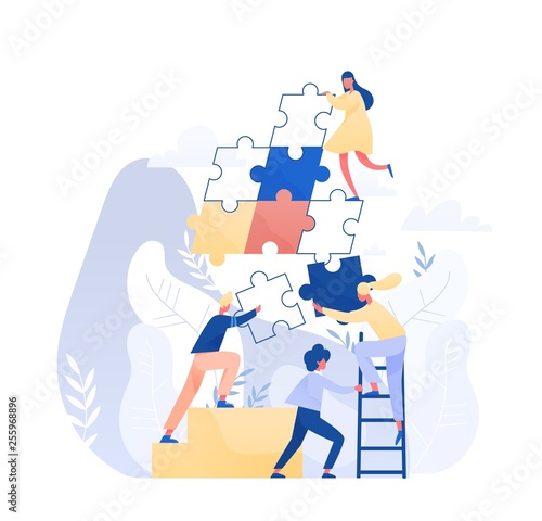 Group of tiny office workers or employees assembling together giant jigsaw puzzle pieces. Concept of teamwork, business cooperation, collective project work. Modern flat colorful vector illustration.