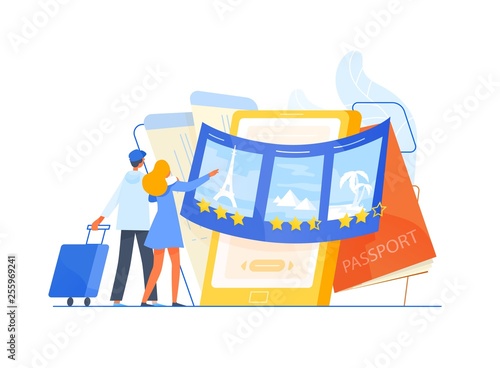 Man and woman tourists standing in front of giant smartphone and choosing trip or journey destination for their vacation, places to visit. Travel or touristic service. Flat vector illustration.