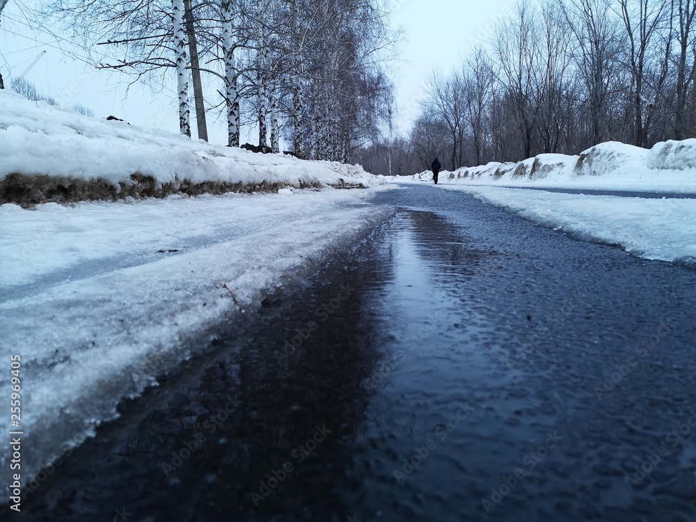Fototapeta premium Road in the countryside in winter in Russia among the snowcovered landscape