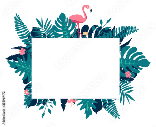 Tropical paradise composition. Rectangular border frame with text placeholder. Decorated with palm leaves, pink hypsophila flowers and flamingo birds couple