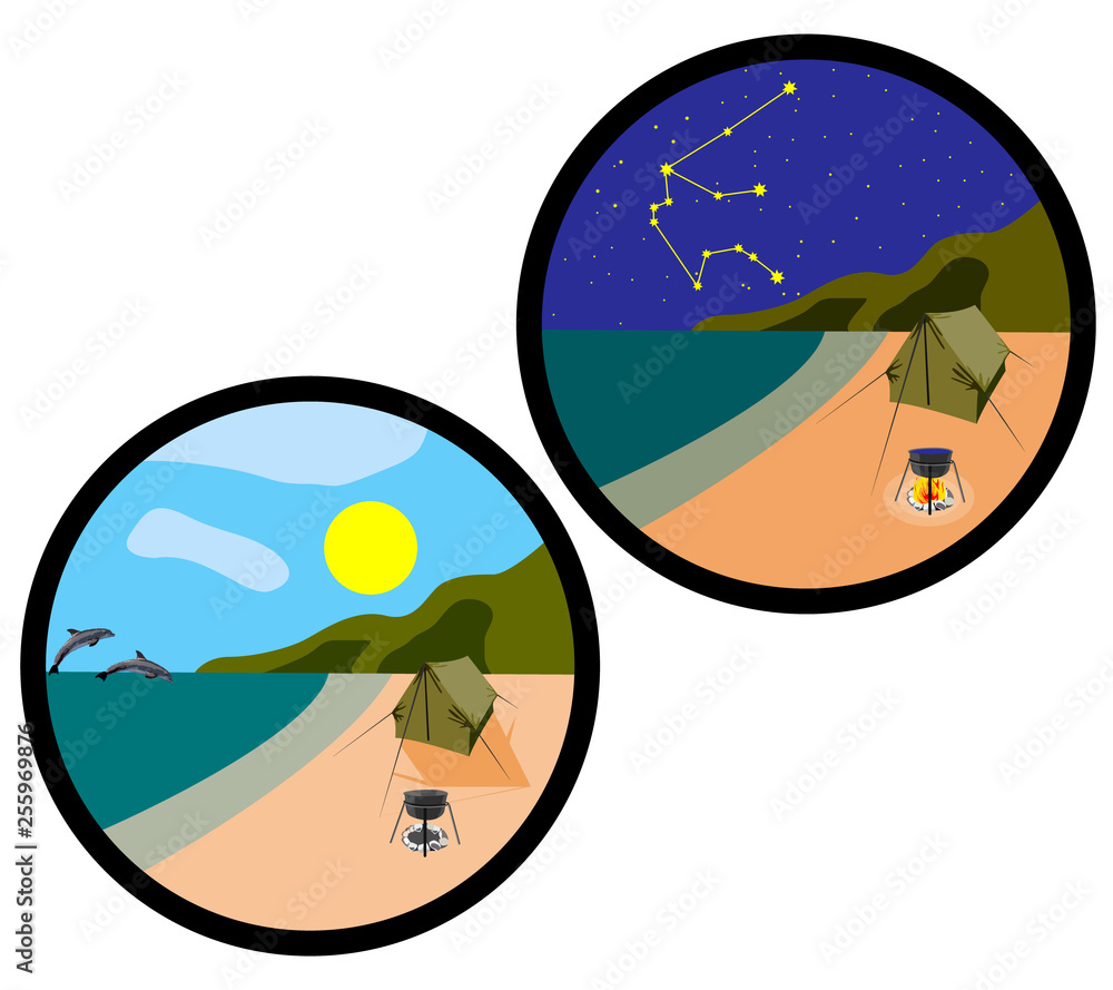 icons which shows the elements of travel day and night with a tent, fire and starry sky.