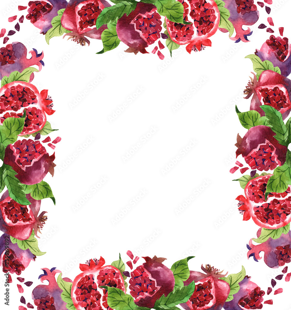 Watercolor frame with juicy and red pomegranates on white background Watercolor frame with juicy and red pomegranates on white background