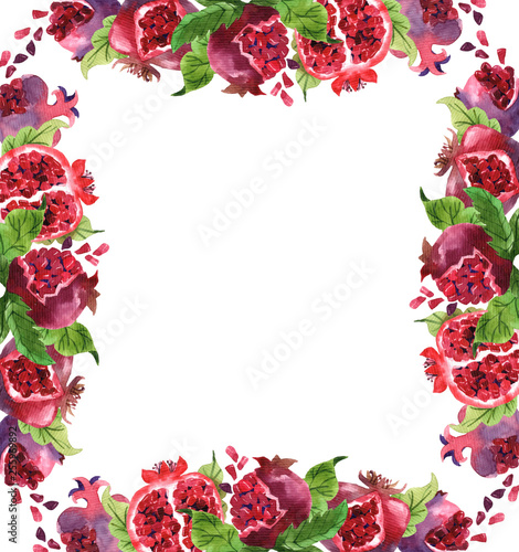 Watercolor frame with juicy and red pomegranates on white background