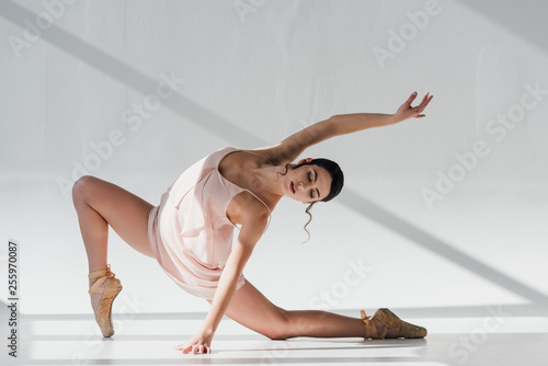 young ballerina in pointe shoes and pink dress dancing