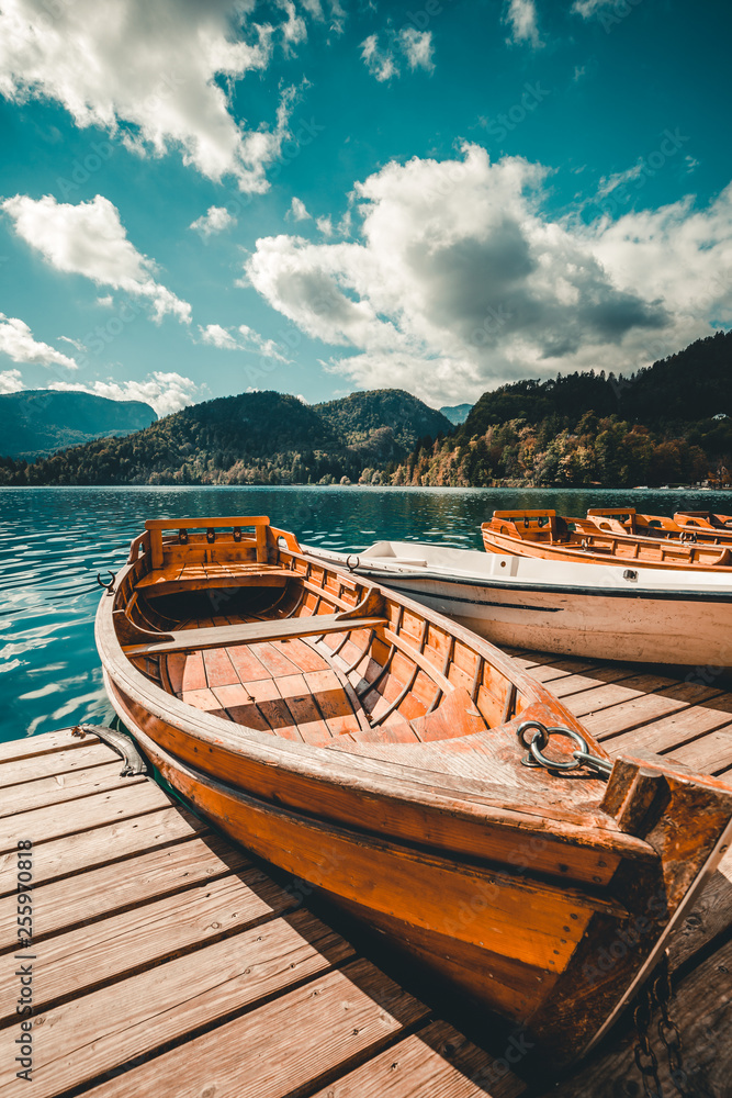 Traditional Pletna boat on the lake. .Bled lake Slovenia,Europe