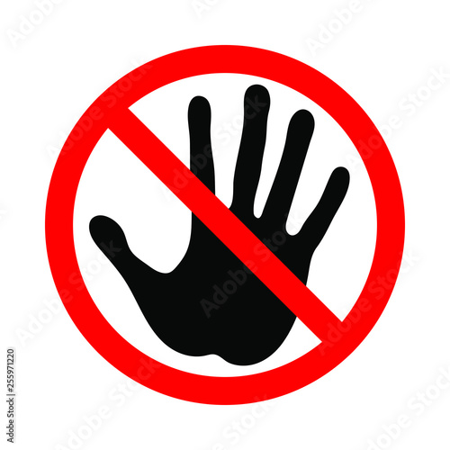 Symbol or sign don't touch. Red prohibition sign on black palm. Vector illustration. 