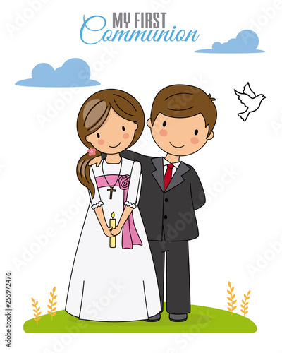First communion card. Boy and girl dressed in communion