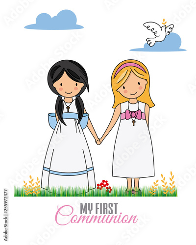 First communion card. Two girls dressed in communion