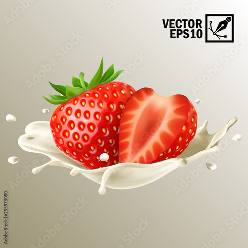 3d realistic isolated vector milk or yogurt splash whole and slice of strawberry, editable handmade mesh