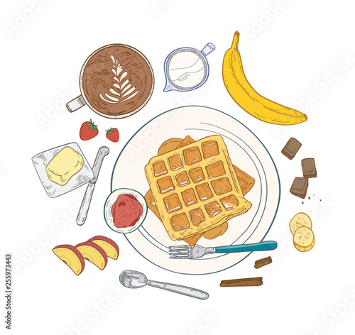 Realistic composition with delicious sweet breakfast meals and dessert morning food - wafers lying on plate, fruits, berries, coffee