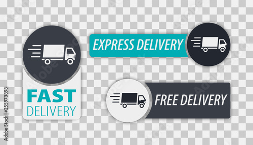 Fast and Free delivery Labels. Vector:Free delivery, Free shipping, 24 hour and fast delivery icons set. Shipment and free delivery, free shipping, 24 hour and fast delivery icons