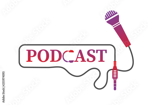 Podcast radio icon. Internet digital recording. Headphones and microphone promotion for radio record or studio