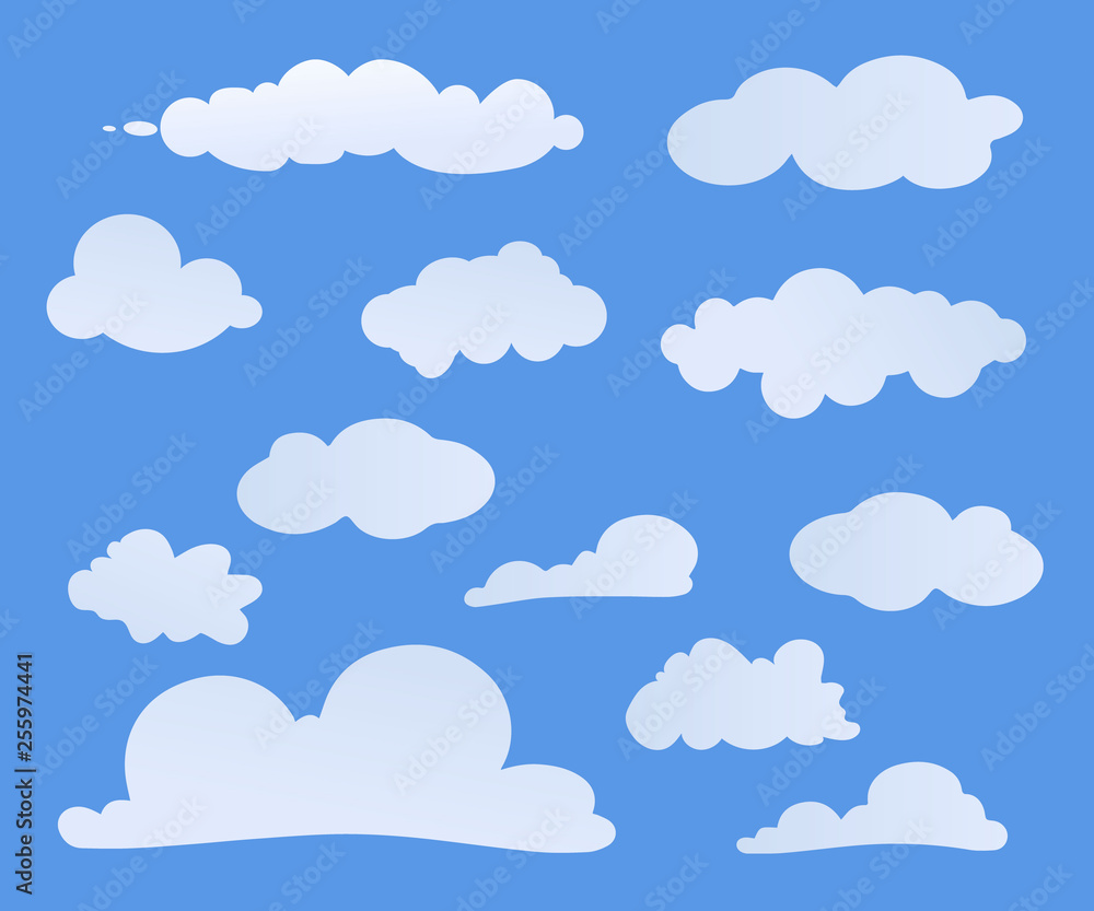 Fototapeta White clouds of different shapes isolated on blue background. Set of cloud icons symbol for your web site design, logo, app, UI. Vector illustration