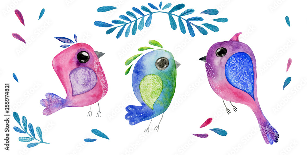 Cute watercolor hand drawn birds set with floral elements isolated on white