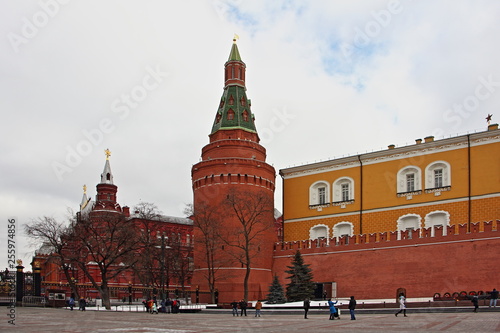 Corner Arsenal tower of Moscow Kremlin on red square and Kremlin wall with Eternal flame, view from the Alexander garden in winter day