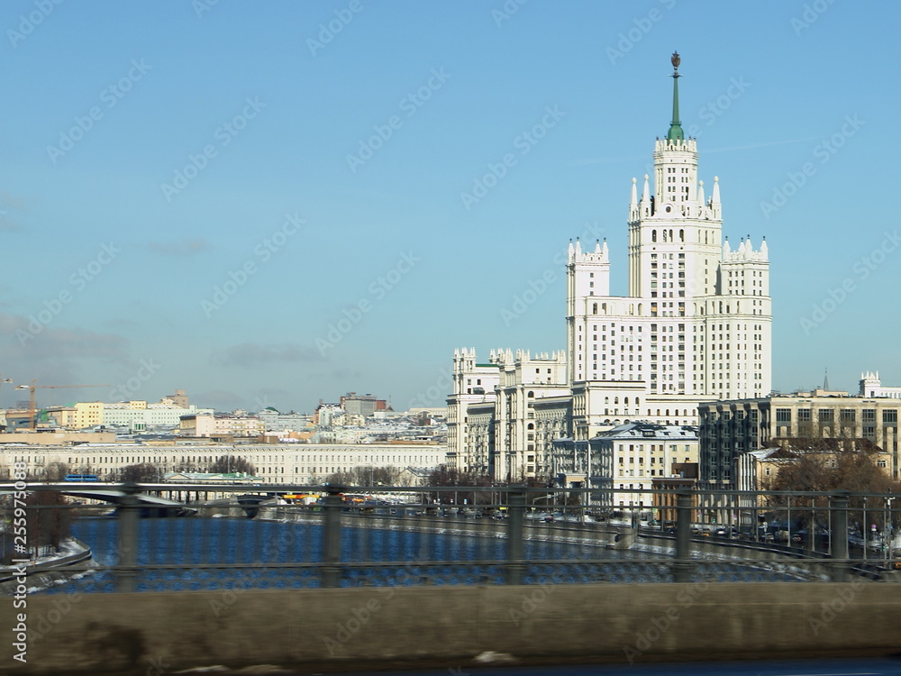 View from the bridge on the Garden ring to the Moscow river and Stalin's skyscraper on Kotelnicheskaya embankment View from the bridge on the Garden ring to the Moscow river and Stalin's skyscraper on Kotelnicheskaya embankment