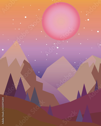 Sunset in the mountains with a red sun on the sky in a geometric style