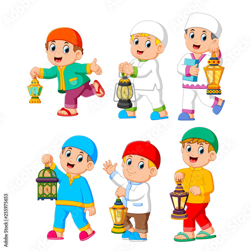 collection of moslem kids holding lantern