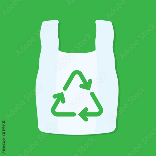 Blank white plastic bag with green recycling sign