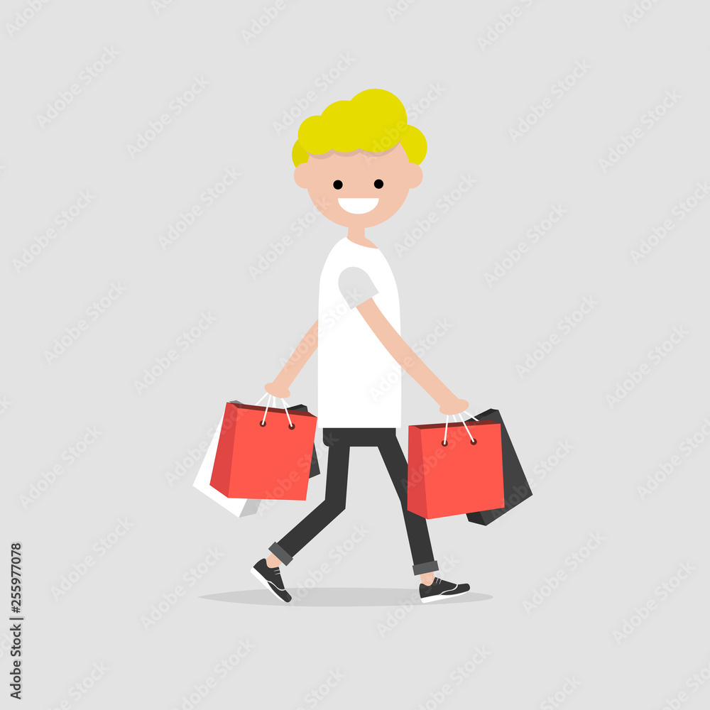 Young character with the shopping bags.Flat cartoon design.Clip art Young character with the shopping bags.Flat cartoon design.Clip art