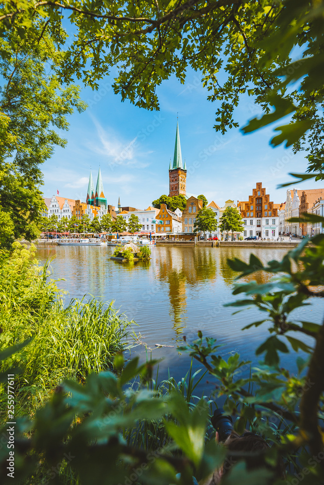 Historic city of Luebeck with Trave river in summer, Schleswig-Holstein, Germany
