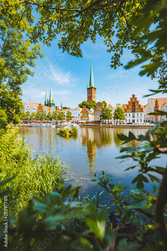 Obraz na płótnie Historic city of Luebeck with Trave river in summer, Schleswig-Holstein, Germany w salonie